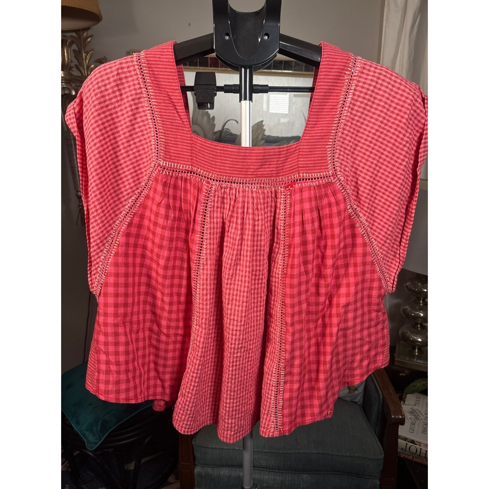 We The Free Free People half moon Embroidered red gingham Top Cotton blend XS - Picture 5 of 12